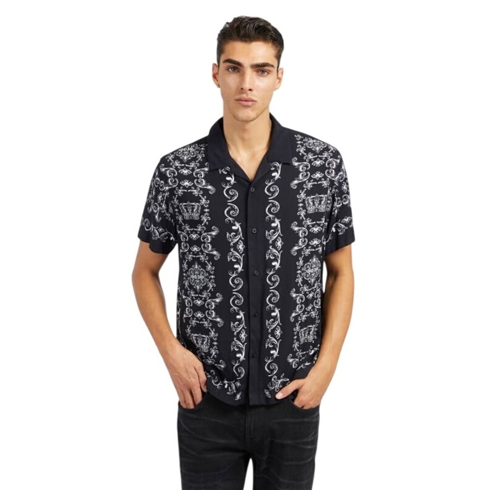 GUESS Eco Royal Scroll Men's Shirt Black Button Down Long Sleeve Size Large